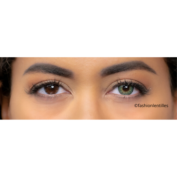 preview of green color lenses on brown eyes