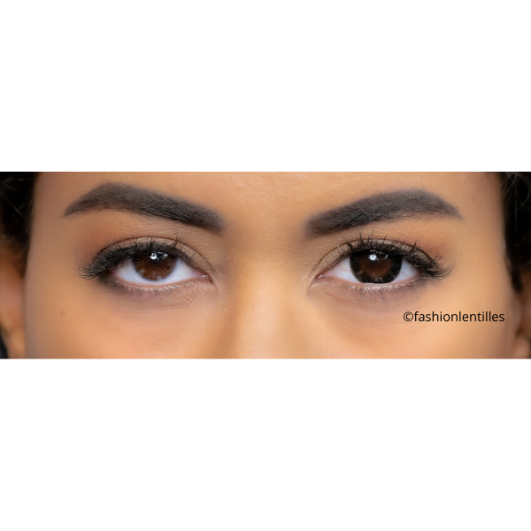 preview of black circle lenses on brown eyes