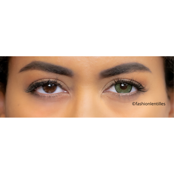 preview of green big eyes lenses on brown eyes