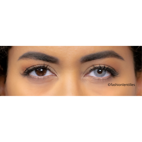 preview of gray color lenses on brown eyes